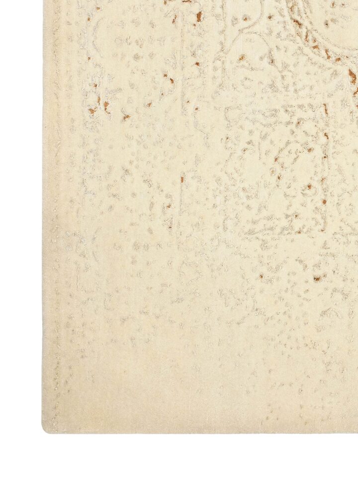 Detail view of Transitional Persian Ivory Bhadohi Wool & Bamboo Silk Hand Knotted Rug highlighting the intricate pattern and pile texture, from a d...