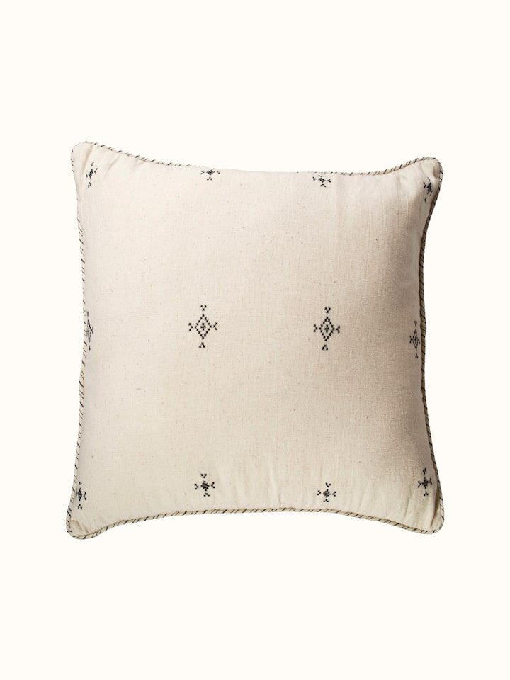 Folk geo hand embroidered cushion cover with multicolor stitching, front view