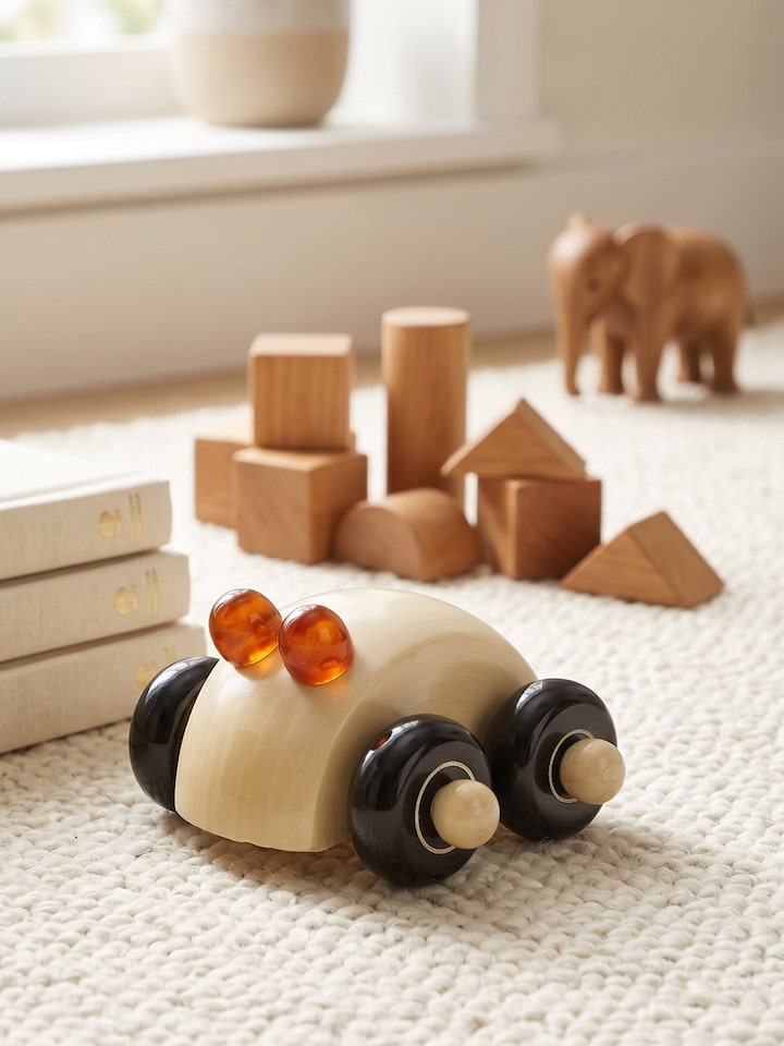 Left-side view of the Channapatna Ivory Wood Round Car Toy Off-white