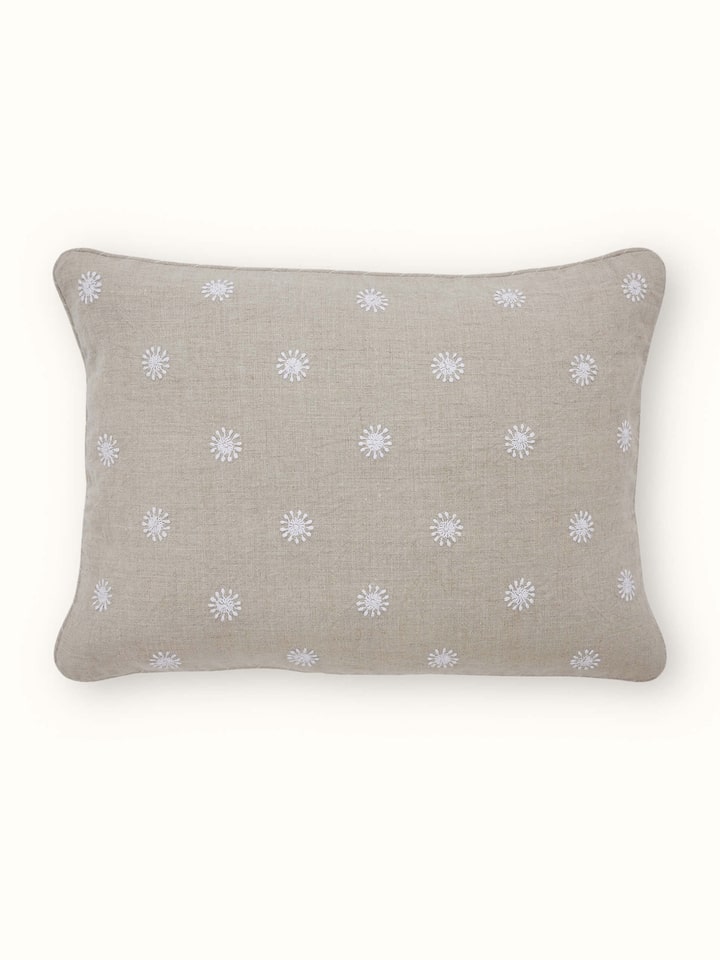 Rann Beige Buti Linen Chikankari Hand Embroidered Lumbar Cushion Cover