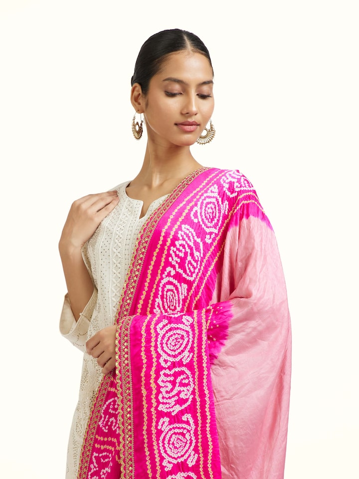 Angled view of the Pink Silk Bandhani Zardozi Embroidered Dupatta