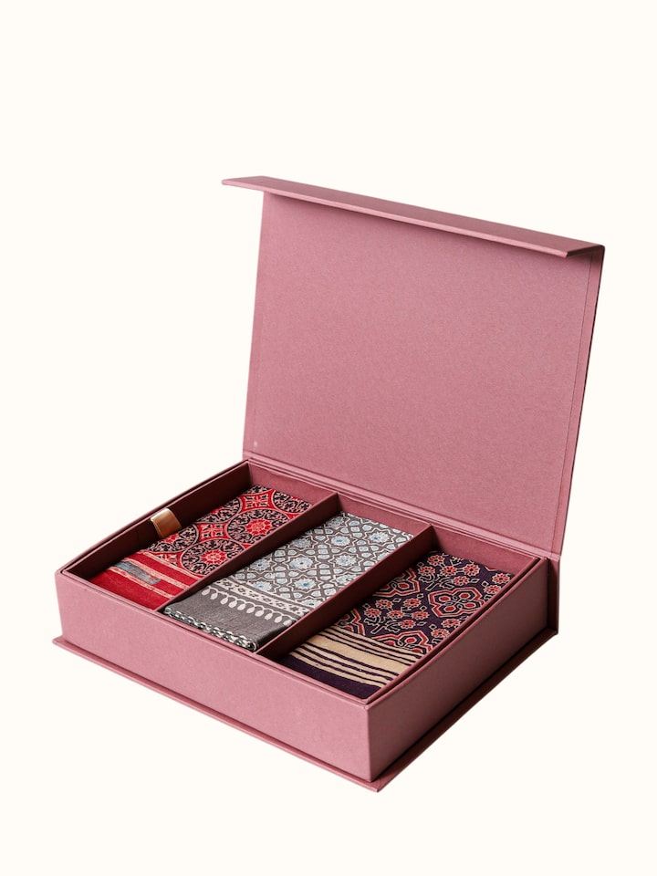 Overall view of Assorted Silk Ajrakh Block Printed Pocket Squares Gift Set (3Pcs) displaying the complete design and craftsmanship