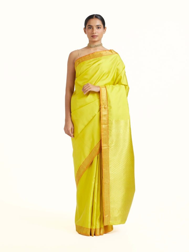 Front view of Mustard Silk Dharmavaram Saree showcasing its traditional craftsmanship and design