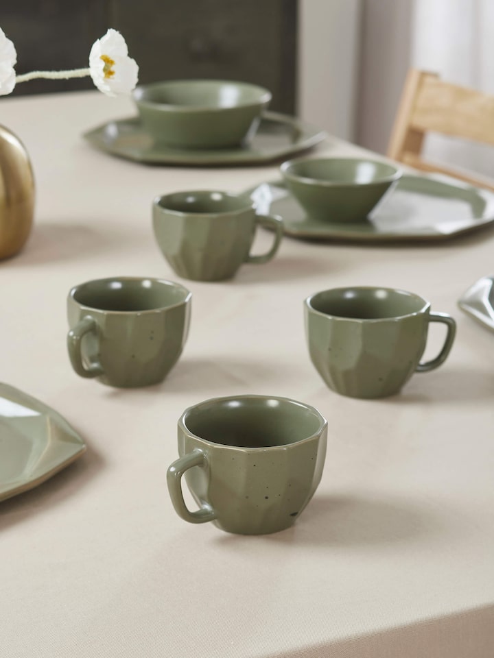 Side view of Khurja pottery ceramic coffee mugs in green (4 pcs) showing the smooth finish and classic shape