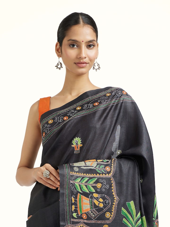Close-up view of Black Tussar Silk Kantha Embroidered Saree highlighting the handwoven motif and texture