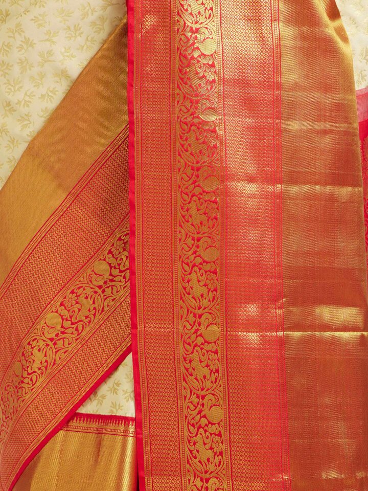 Draped detail view of the Off-white Silk Dharmavaram Saree