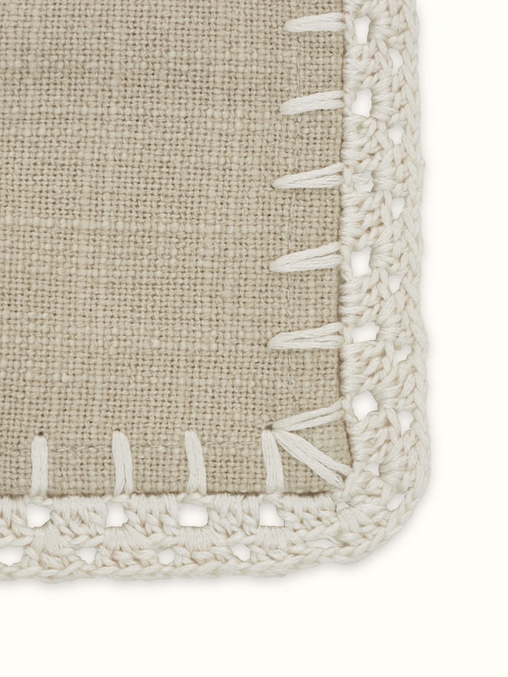 Detail view of Nityam Beige Cotton Slub Crochet Coaster (6 Pcs) highlighting the fabric texture and embroidery detail