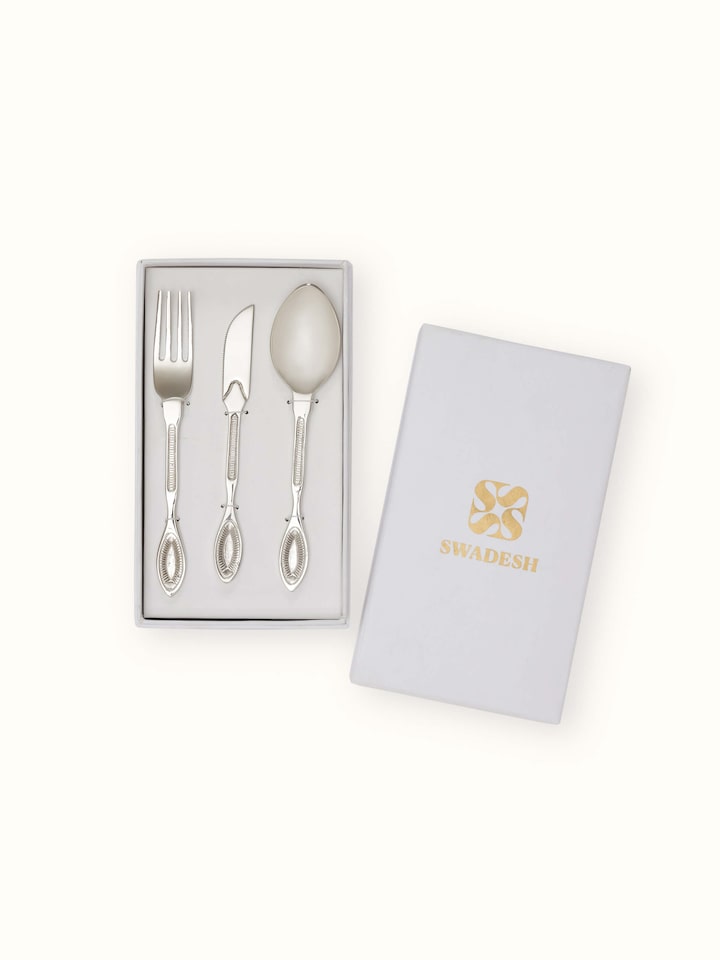 Angled view of Brass Cutlery Set (3 Pcs) highlighting the craftsmanship and elegant design of the utensils