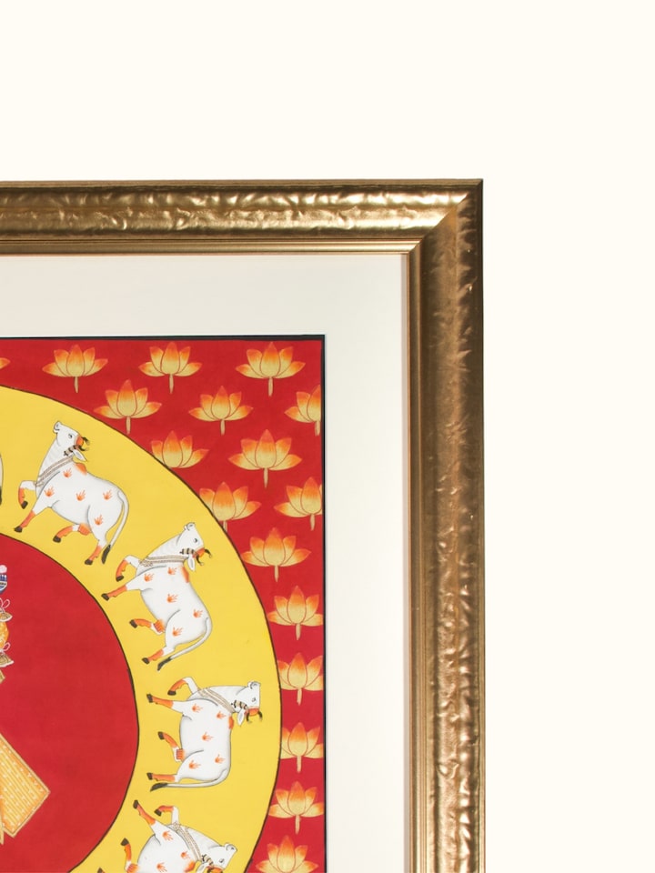 Side detail view of the Shrinathji Circling Cows Pichwai Painting