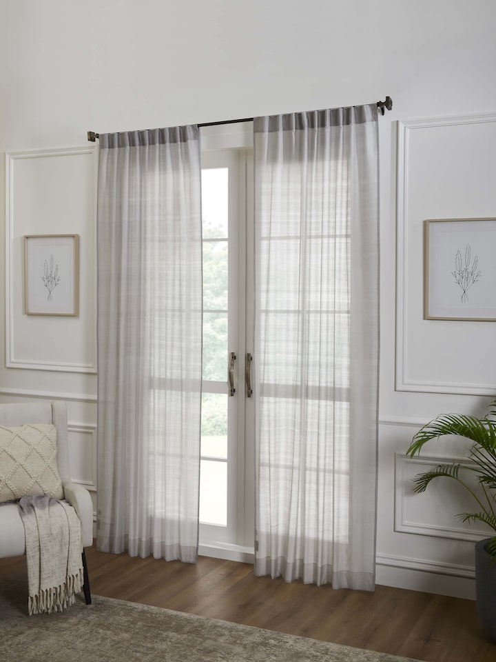 Pragya Grey Wide Stripe Maheshwari Handloom Textured Sheer Curtain (9 Ft)