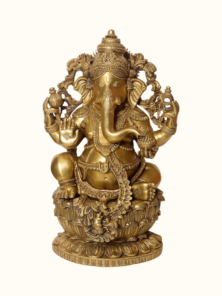 Front view of Brass Ganesha Lotus Sitting Idol showing the front design and form