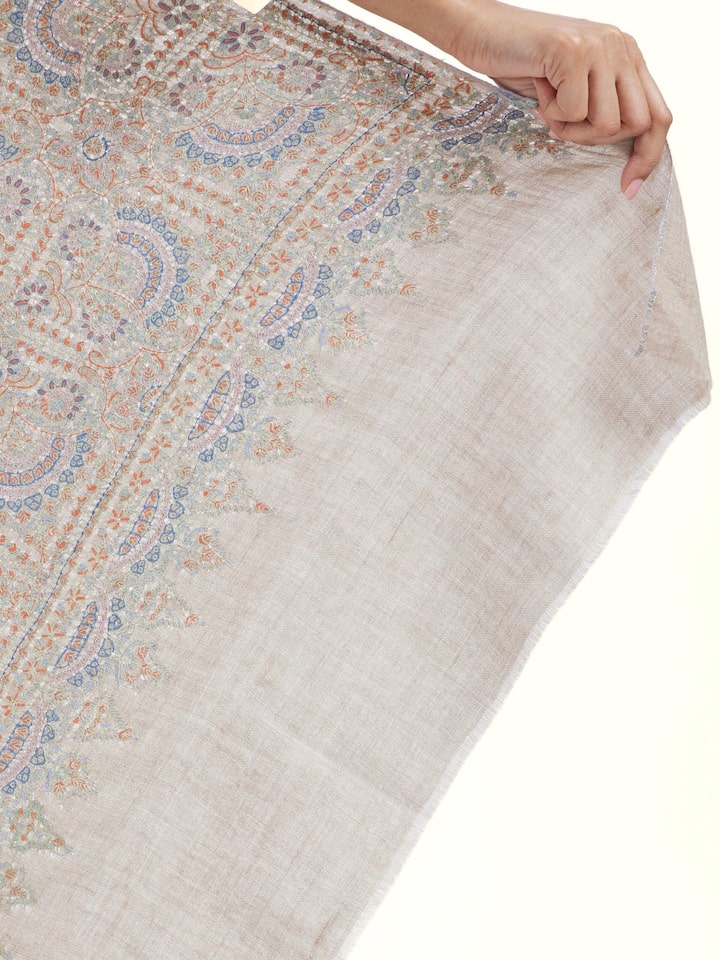 Detail view of Brown Sozni Hand Embroidered Stole highlighting the embroidered border detail