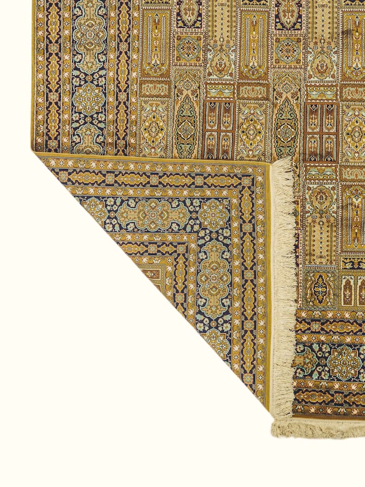 Side-angle view of the Traditional Persian Ochre Khesti Kashmir Silk Hand-Knotted Carpet