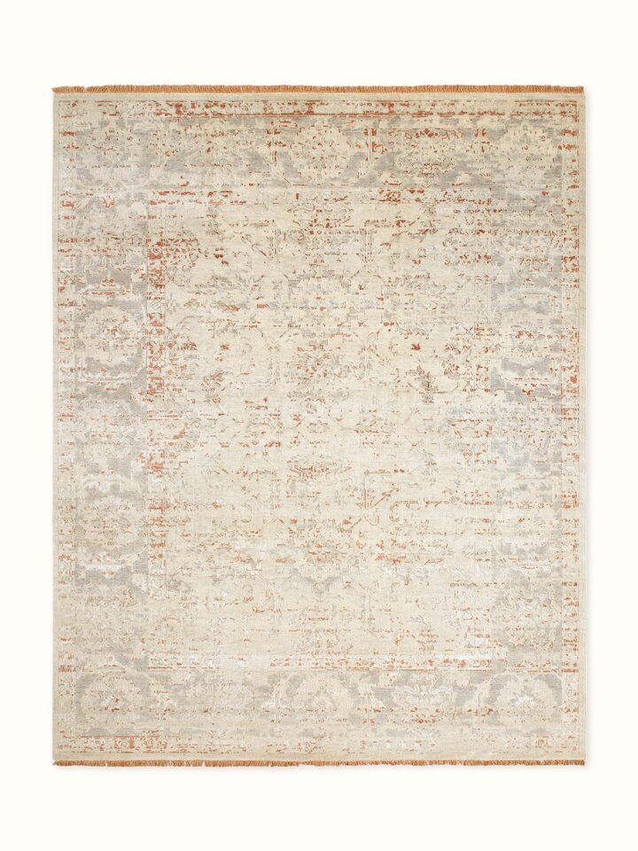 Distressed Transitional Beige Grey Bhadohi Wool & Silk Hand-knotted Rug