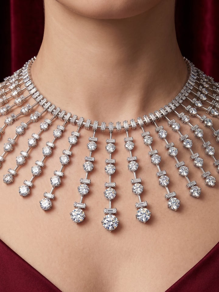 Detail view of Open Setting 14 Karat White Gold and Diamond Collar Necklace highlighting the stone setting and metalwork detail