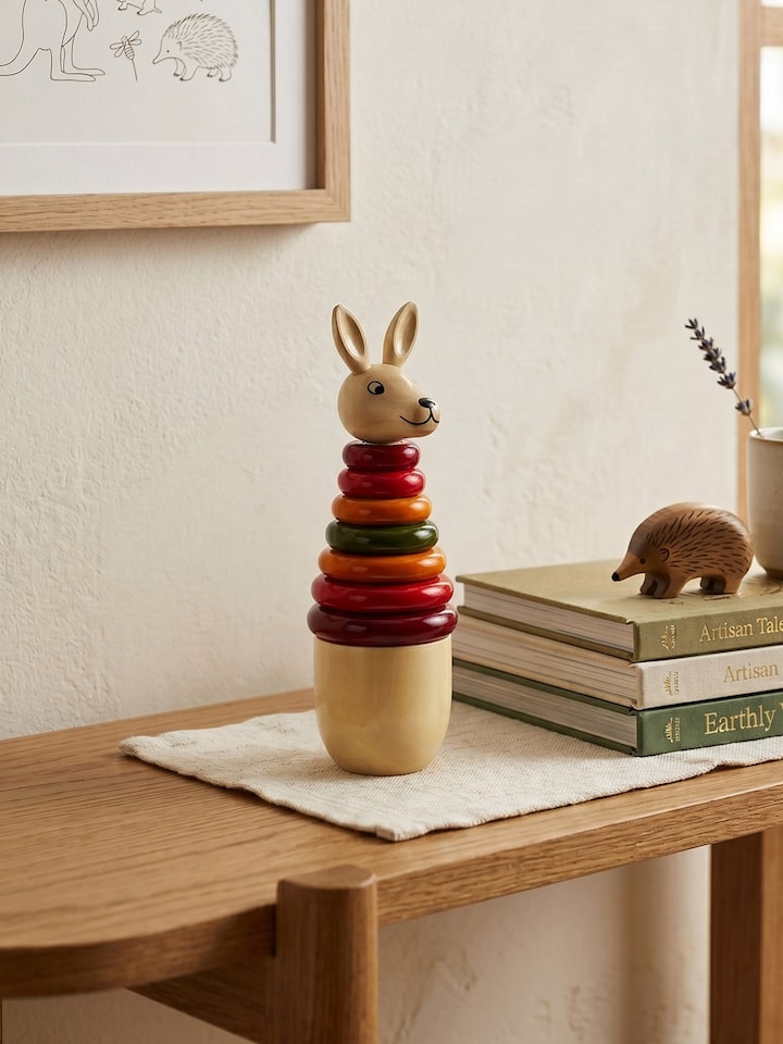 Front view of the Channapatna Ivory Wood Kangaroo Stacking Toy Off White