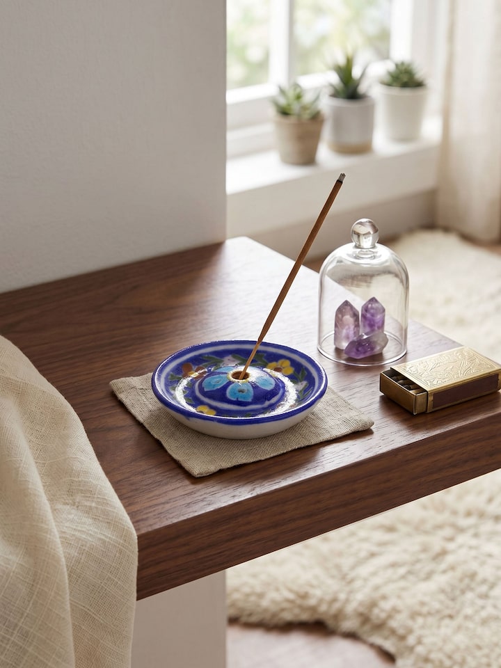 Blue Pottery Ceramic Floral Incense Stick Holder
