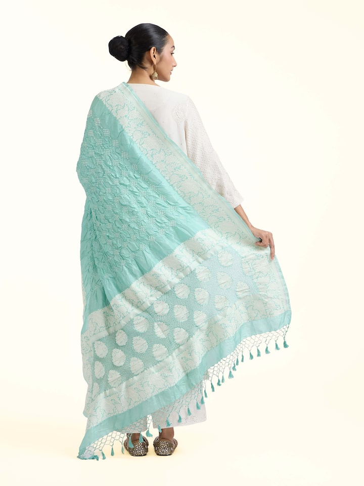 Back view of Sea Green Bandhani Tie & Dye Dupatta emphasizing the overall design and fine details
