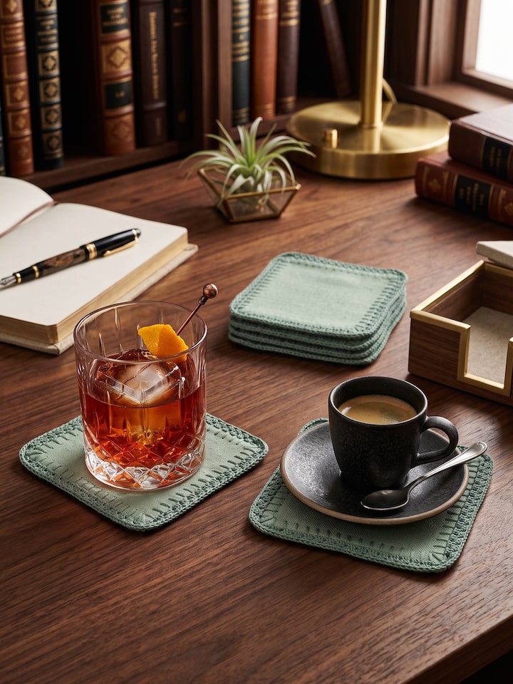 Styled view of Nityam Green Cotton Slub Crochet Coasters Set Of 6 styled on a table or bed setting