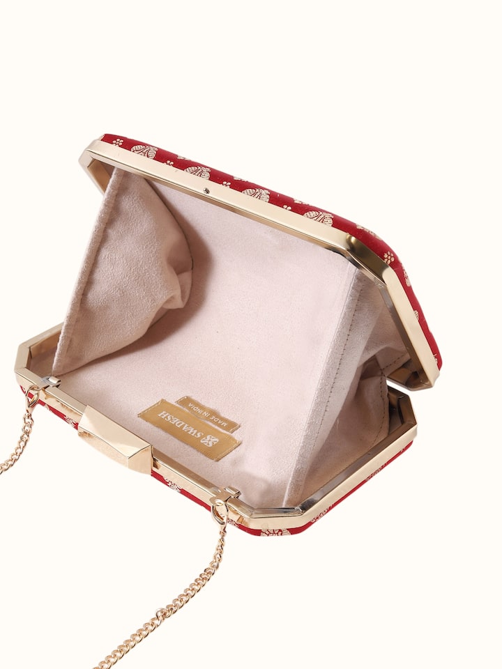 Overview of Maroon Banarasi Silk Box Clutch showing the complete bag