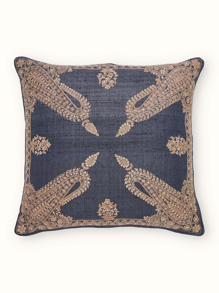 Alankar Dark Blue Paisley Silk Zardozi Hand Embroidered Cushion Cover