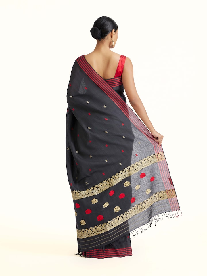 back view of black cotton silk saree