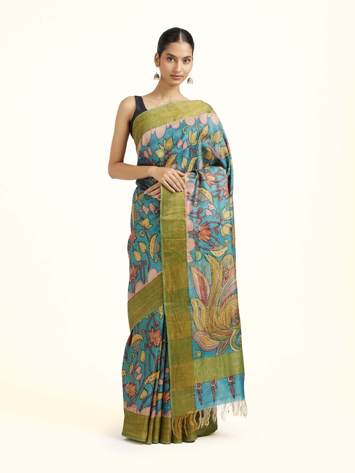 Front view of Tussar Silk Kalamkari Saree showing the full drape and pallu design