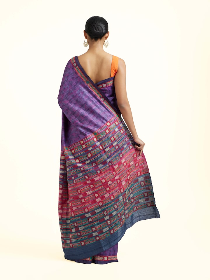 Back view of the Purple Tussar Silk Discharge Block Printed Kantha Embroidered Saree
