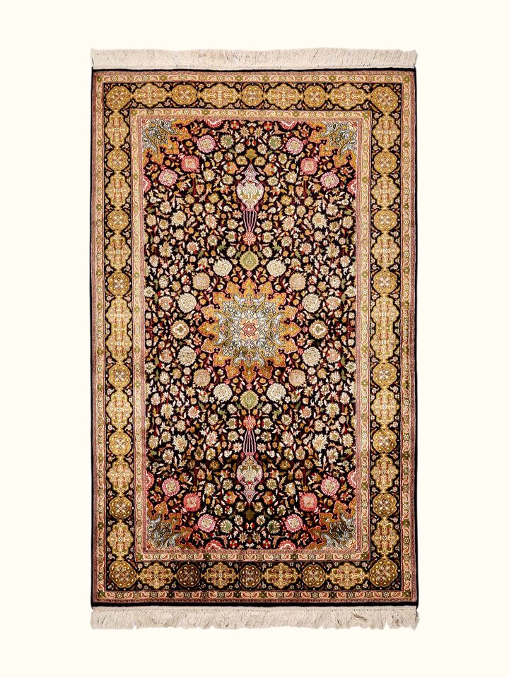 Front view of the Swadesh Traditional Persian Black Ochre Ardebil Kashmir Silk Hand-Knotted Carpet