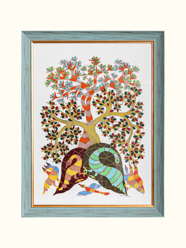 Front view of the Peafowls Under Tree Gond Painting