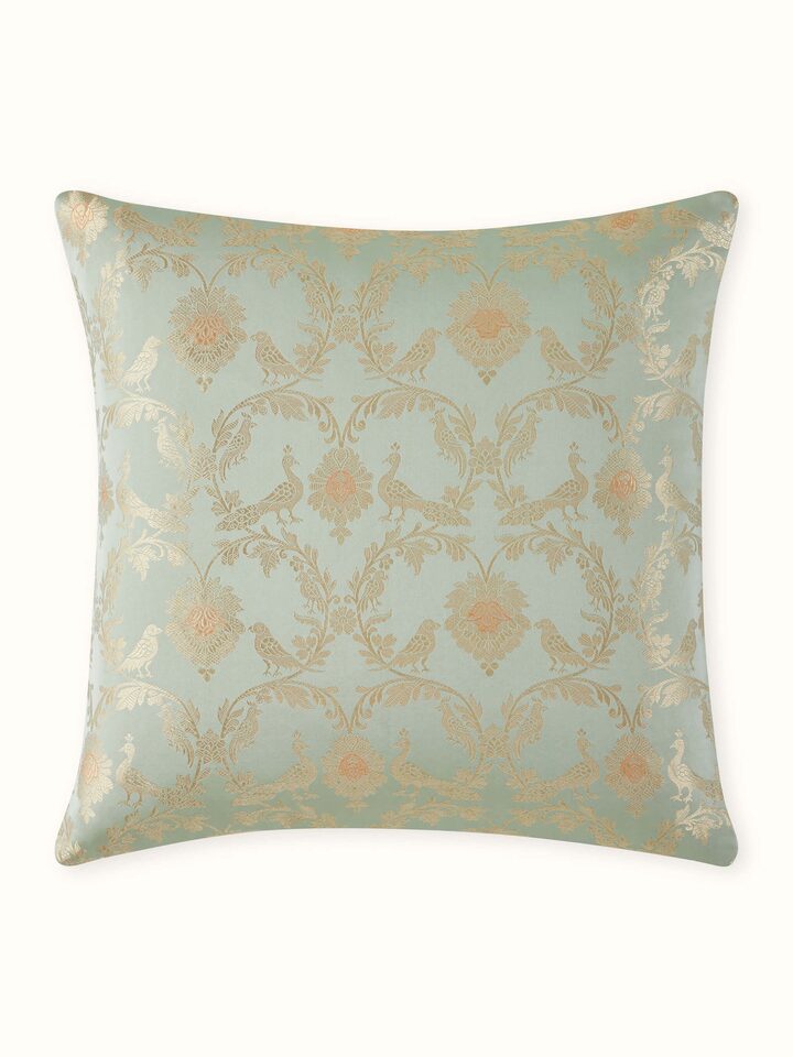 Awadh Pista Green Jaal Banarasi Handloom Silk Cushion Cover