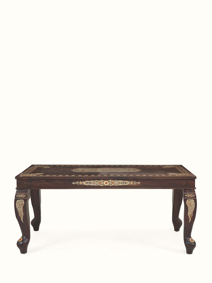 front view of rosewood inlay 6-seater dining table with intricate design