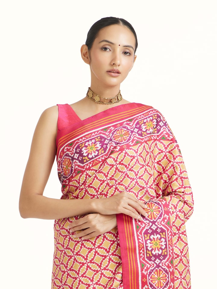 Angled view of the Beige Patan Patola Saree