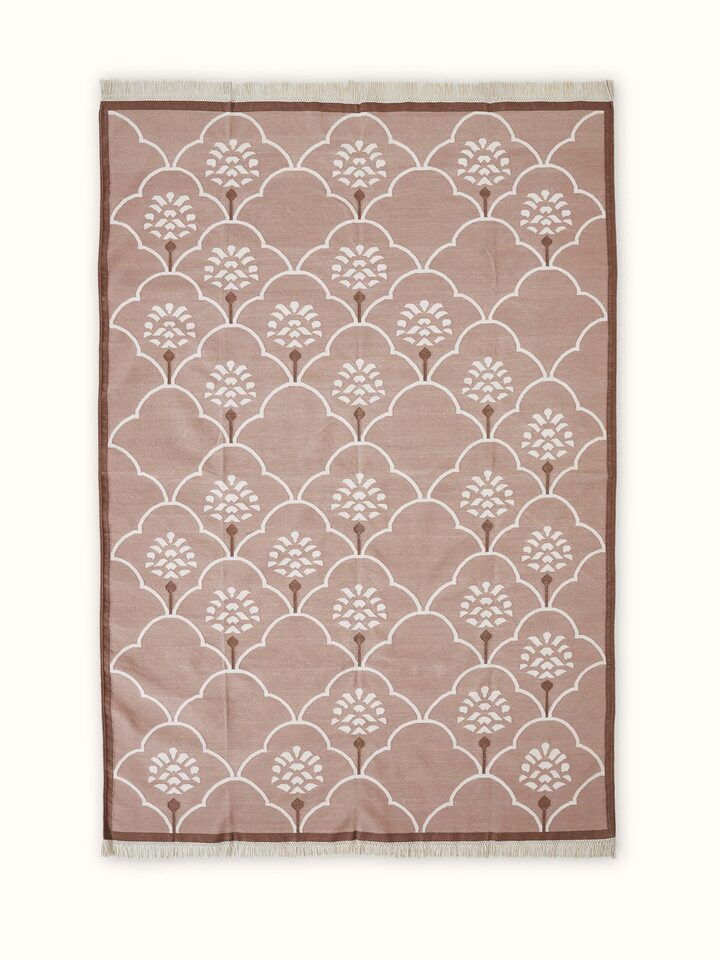 Front view of Stylised floral beige lawan cotton panja dhurrie showcasing its intricate floral patterns