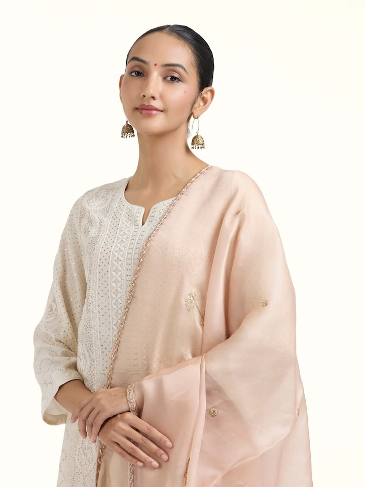 Angled view of Beige Zardozi Hand Embroidered Dupatta revealing the depth of its color and intricate pattern