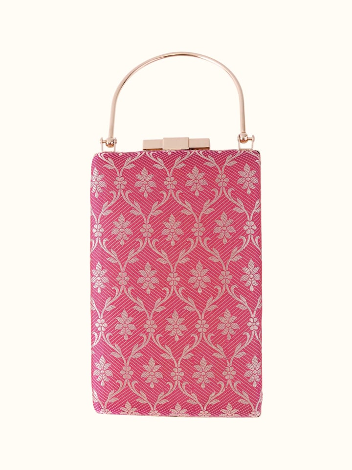 Front view of Pink Banarasi Silk Handbag showing the front design and silhouette