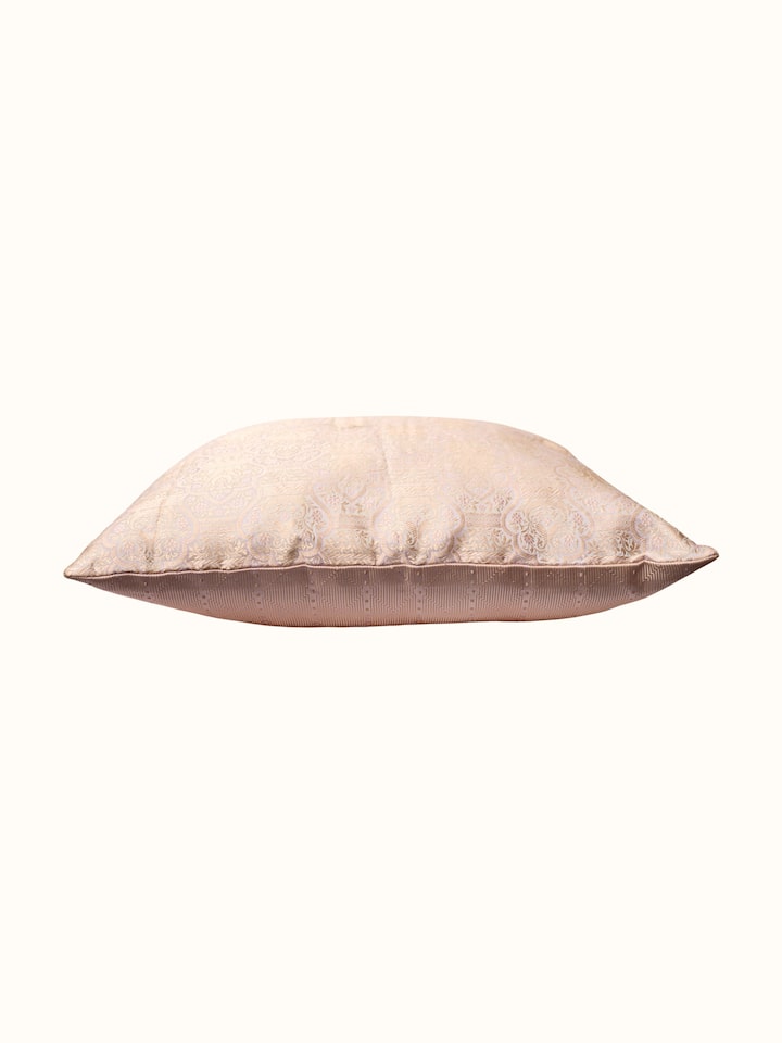 Awadh jharokha lavender Banarasi handloom silk cushion cover, angled view highlighting weave