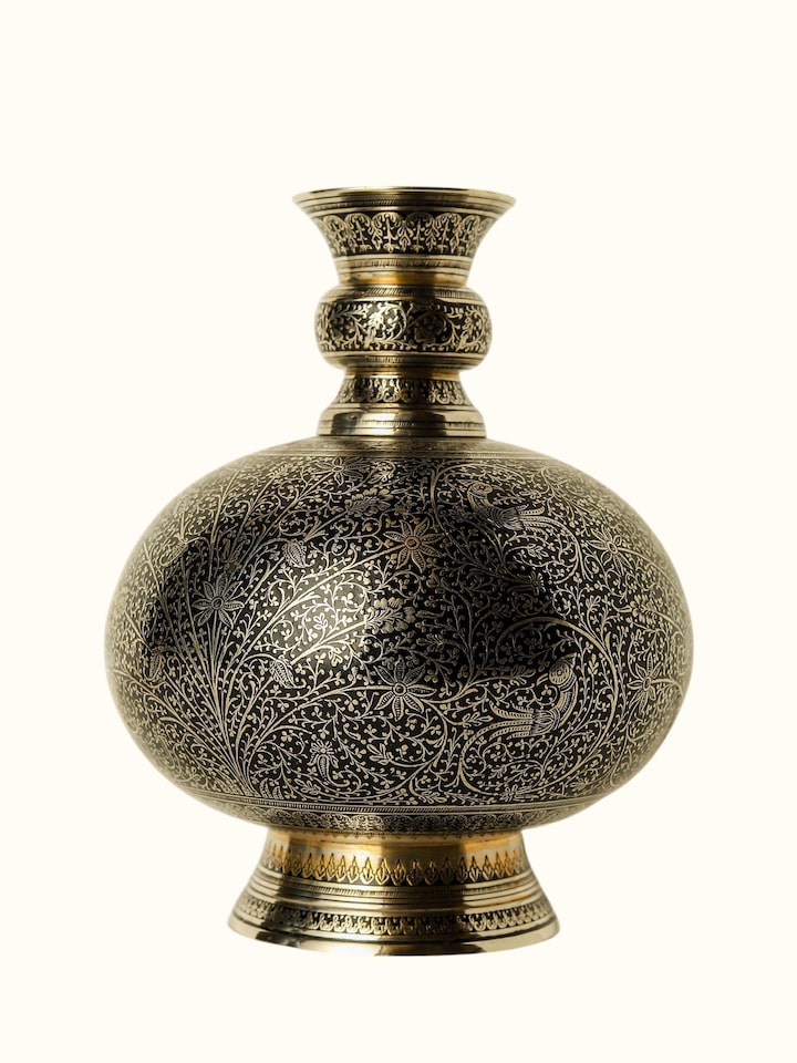 front view of brassware table vase with decorative finish