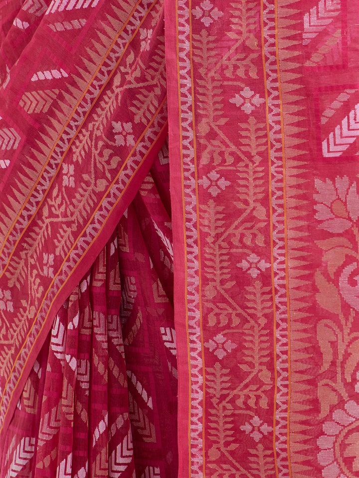 Draped detail view of the Pink Cotton Awadh Jamdani Saree