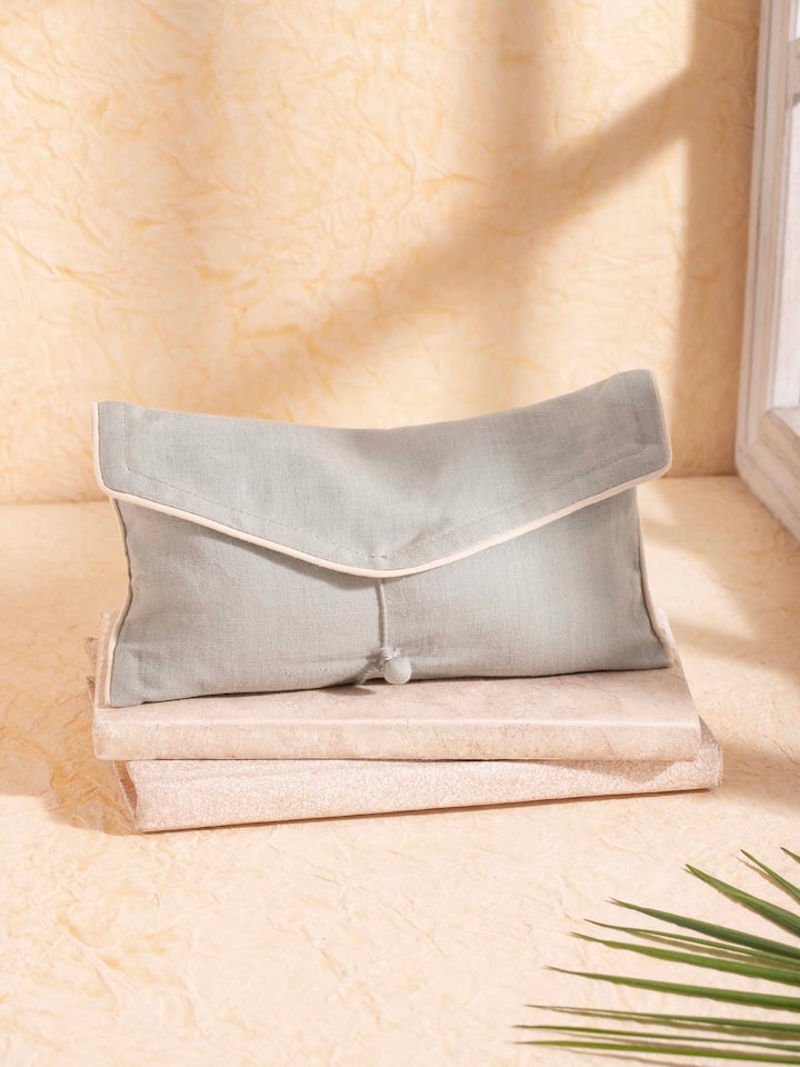 Styled detail view of Flaxseed and Lavender Eye Pillow Light Green shown in an alternate styled setting