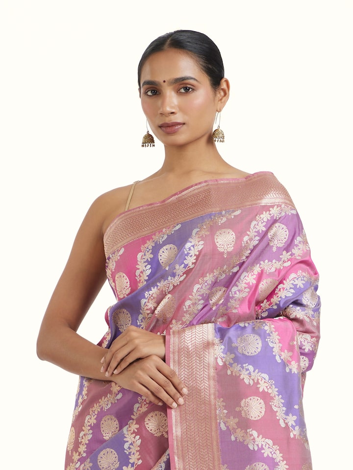 Angled view of Banarasi Rangkat Silk Saree revealing the depth of its color and intricate pattern