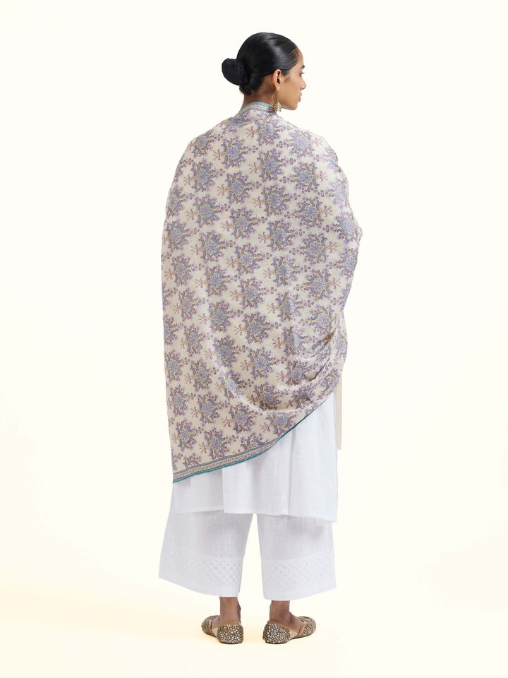Back view of Off-white Sozni Hand Embroidered Shawl emphasizing the overall design and fine details