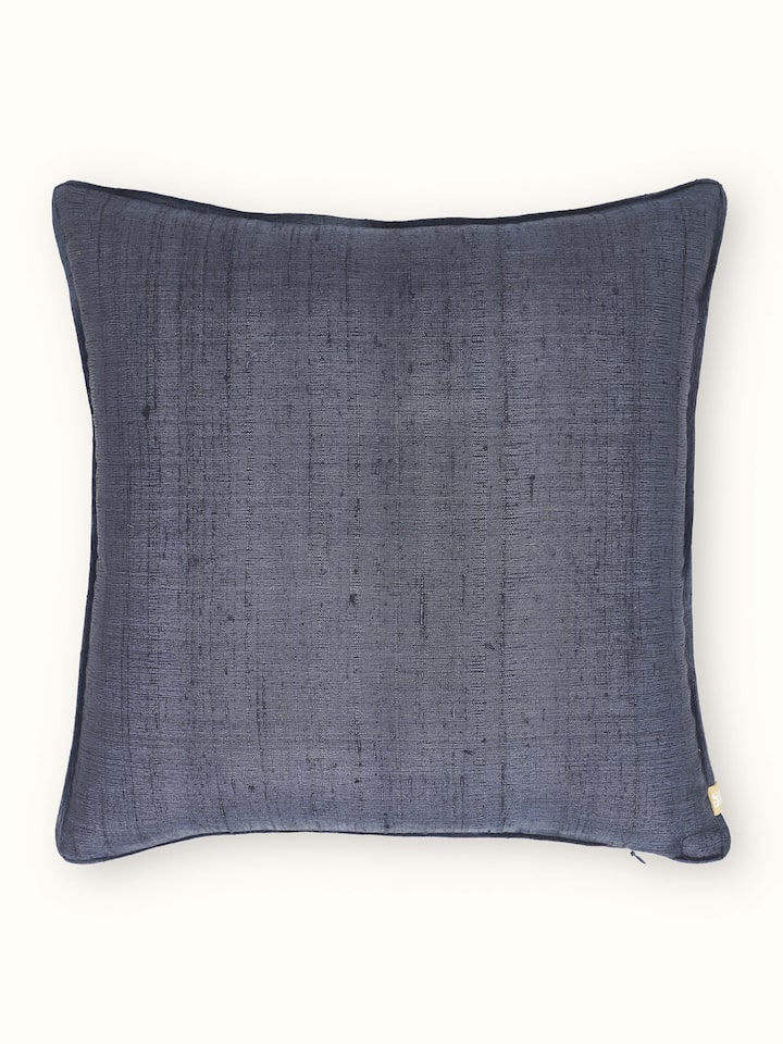 Front view of the Swadesh Alankar Dark Blue Buti Silk Zardozi Hand Embroidered Cushion Cover
