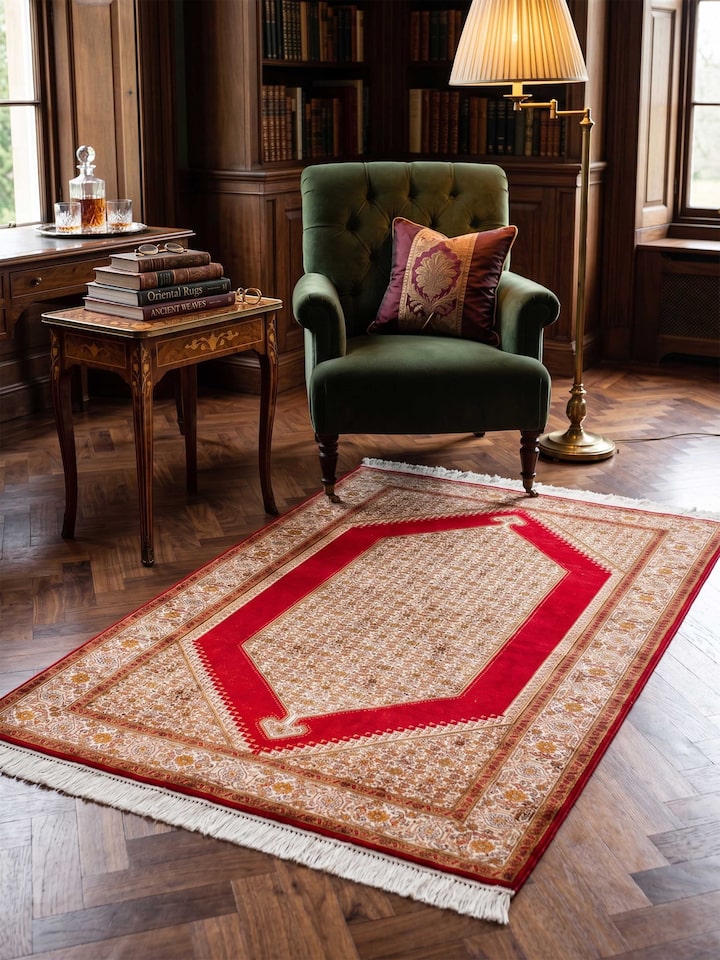 Lifestyle view of the Swadesh Traditional Persian Red Senneh Kashmir Silk Hand-Knotted Carpet