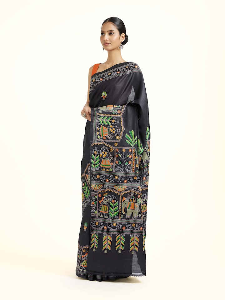 Side view of Black Tussar Silk Kantha Embroidered Saree highlighting the woven border detailing