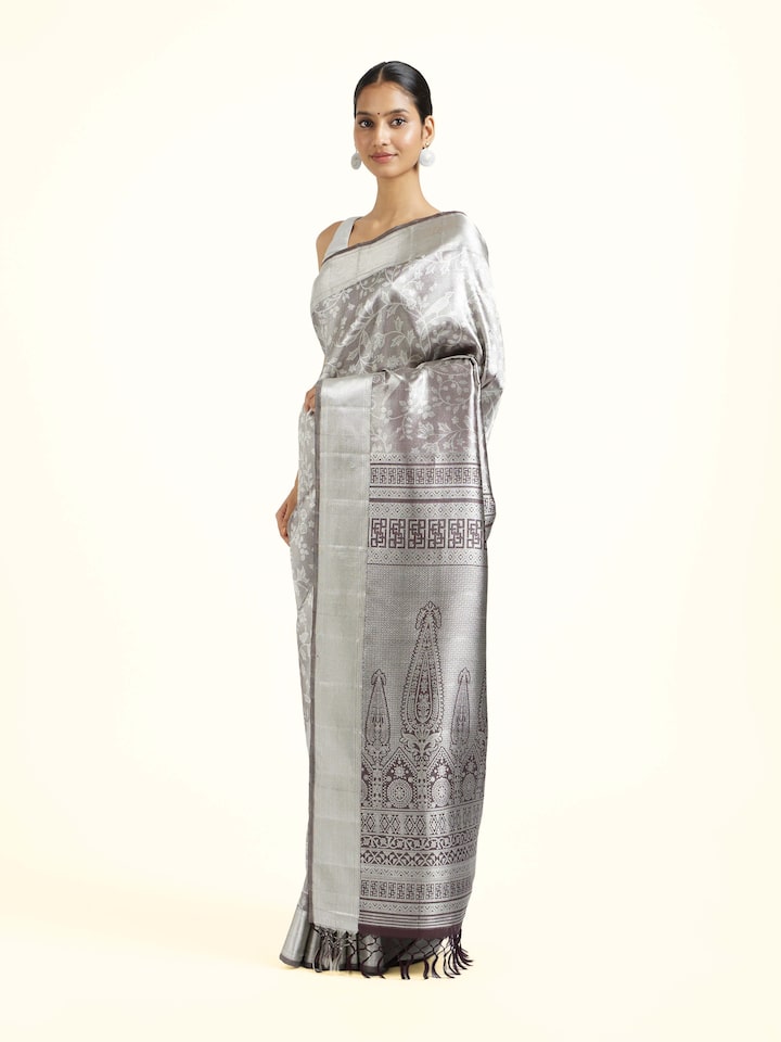 Side view of the Brown Silk Kancheepuram Handloom Real Zari Saree