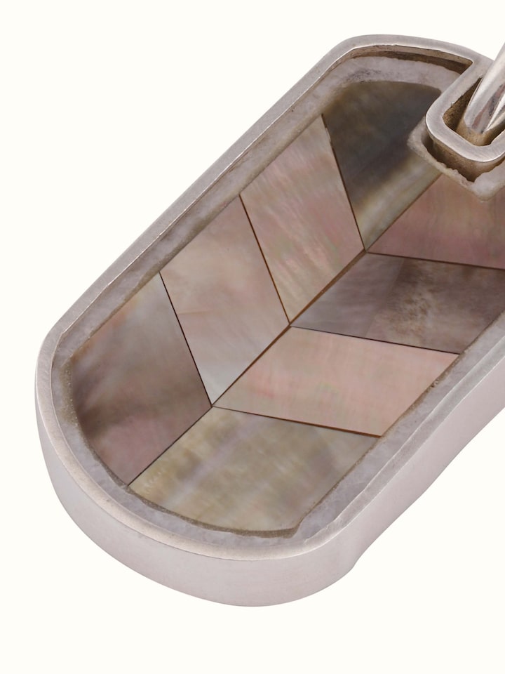 Overview of Kutch Leather Silver Drop Earrings showing the complete piece laid out