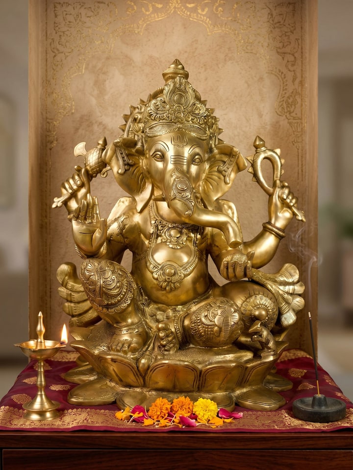 Styled view of Brass Ganesha Lotus Sitting Idol styled in a home setting