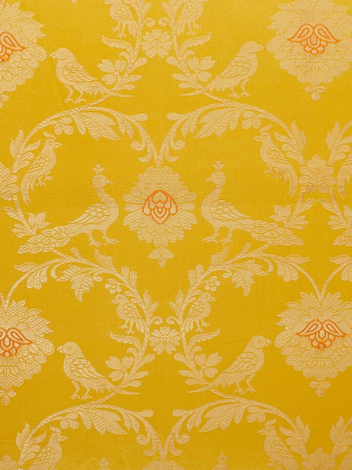 Detail shot of woven Banarasi jaal design showcasing fine craftsmanship.
