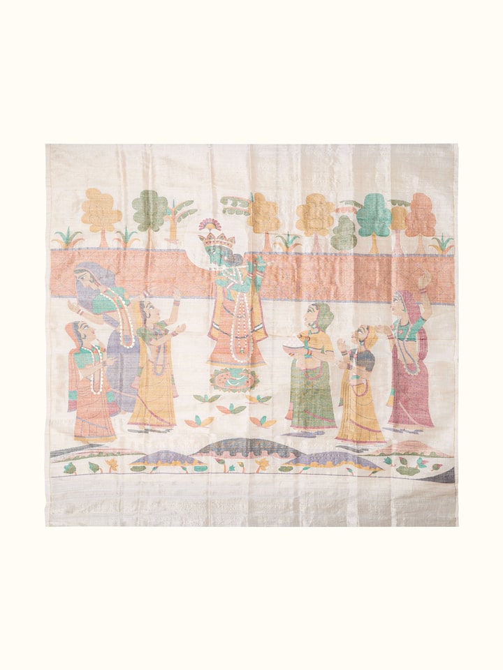 Front view of the Krishna with Gopis Jamdani Wall Hanging